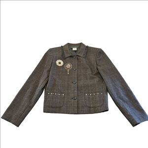 Women's Harvé Benard Vintage Brown Embellished Herringbone Wool Blazer Size 10